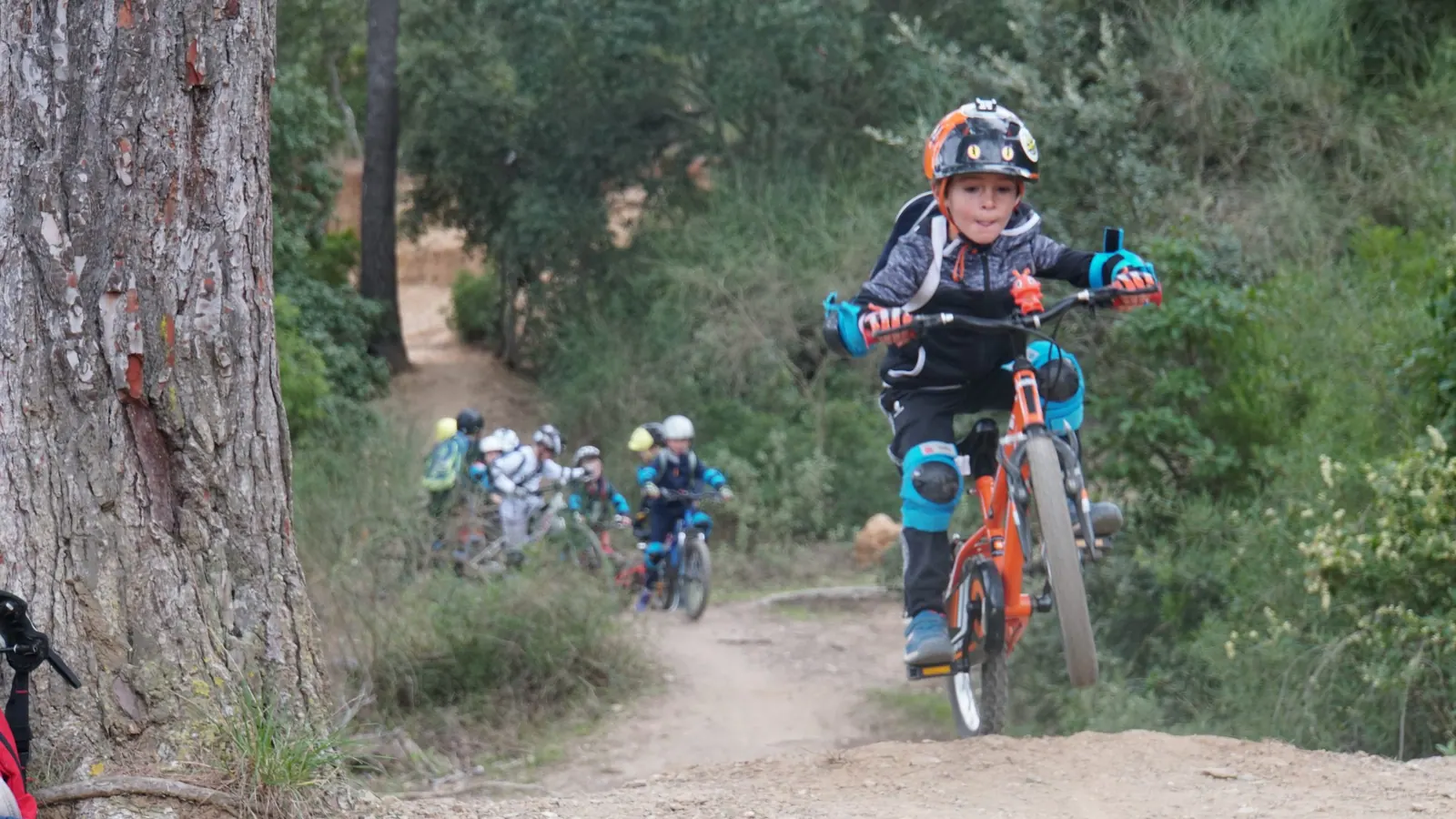 Groupe de jeunes riders Wild Bike en VTT dans la forêt de Janas