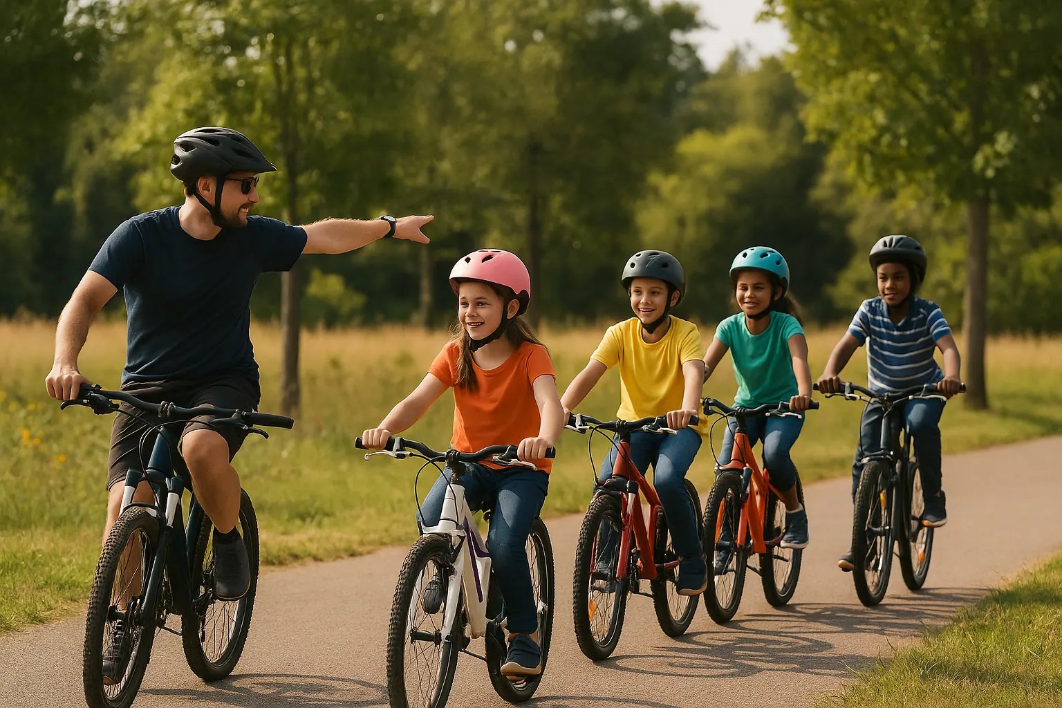 Un moniteur encadre un groupe d’enfants à vélo