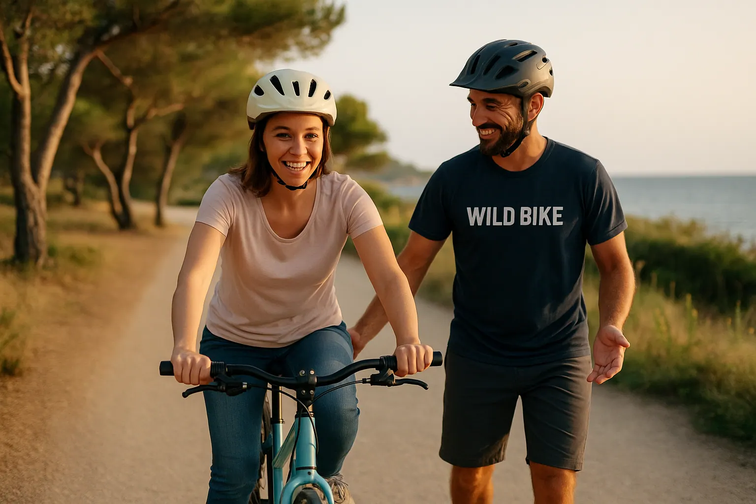 Une adulte apprend à rouler à vélo avec un moniteur Wild Bike